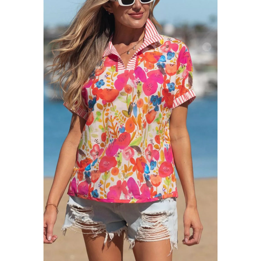 Striped Trim Collared V Neck Short Sleeve Floral Print Blouse Apparel and Accessories