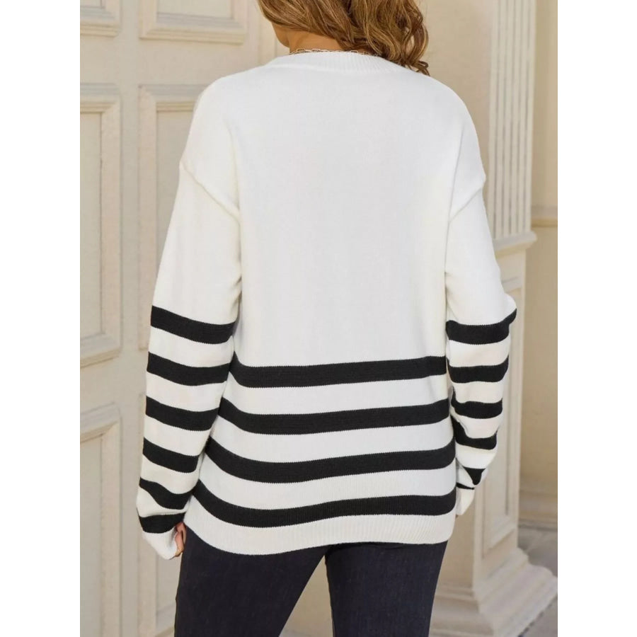 Striped Trim Crew Neck Sweater Apparel and Accessories
