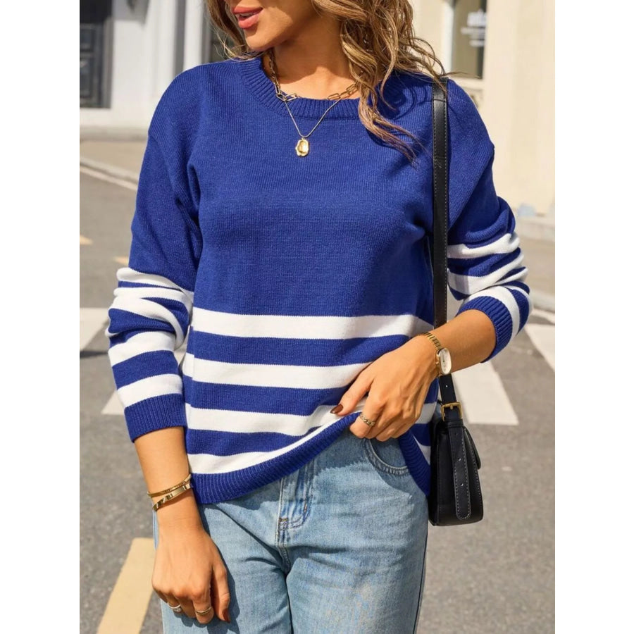 Striped Trim Crew Neck Sweater Apparel and Accessories