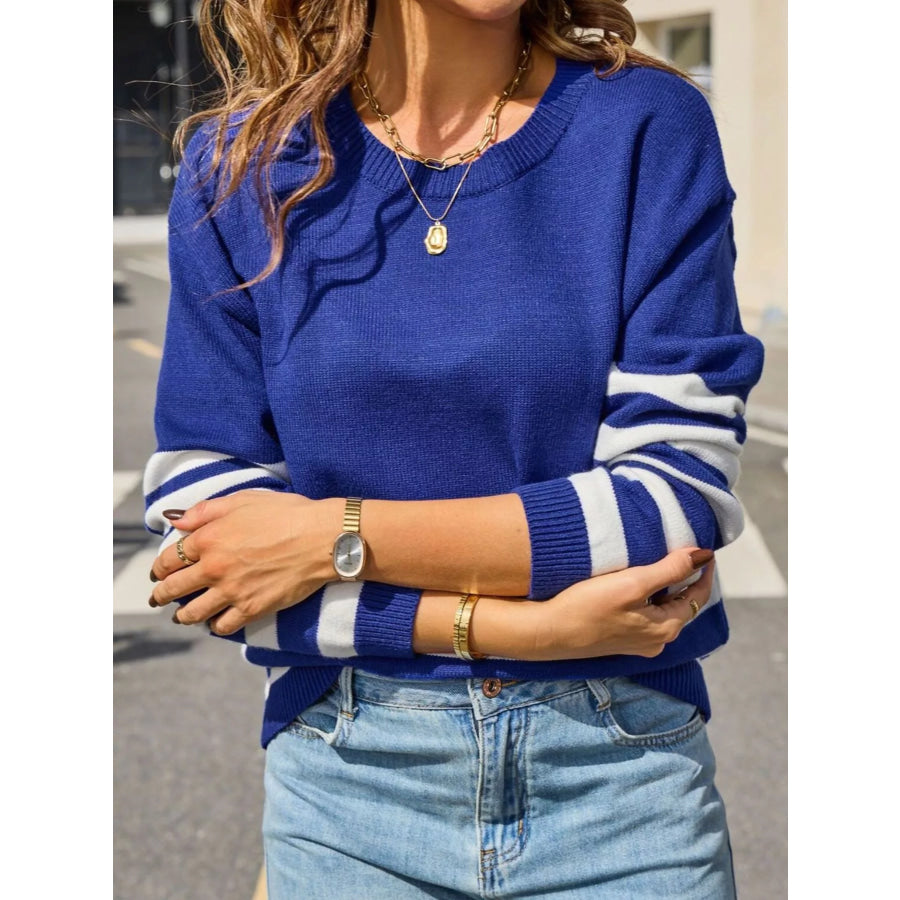 Striped Trim Crew Neck Sweater Apparel and Accessories