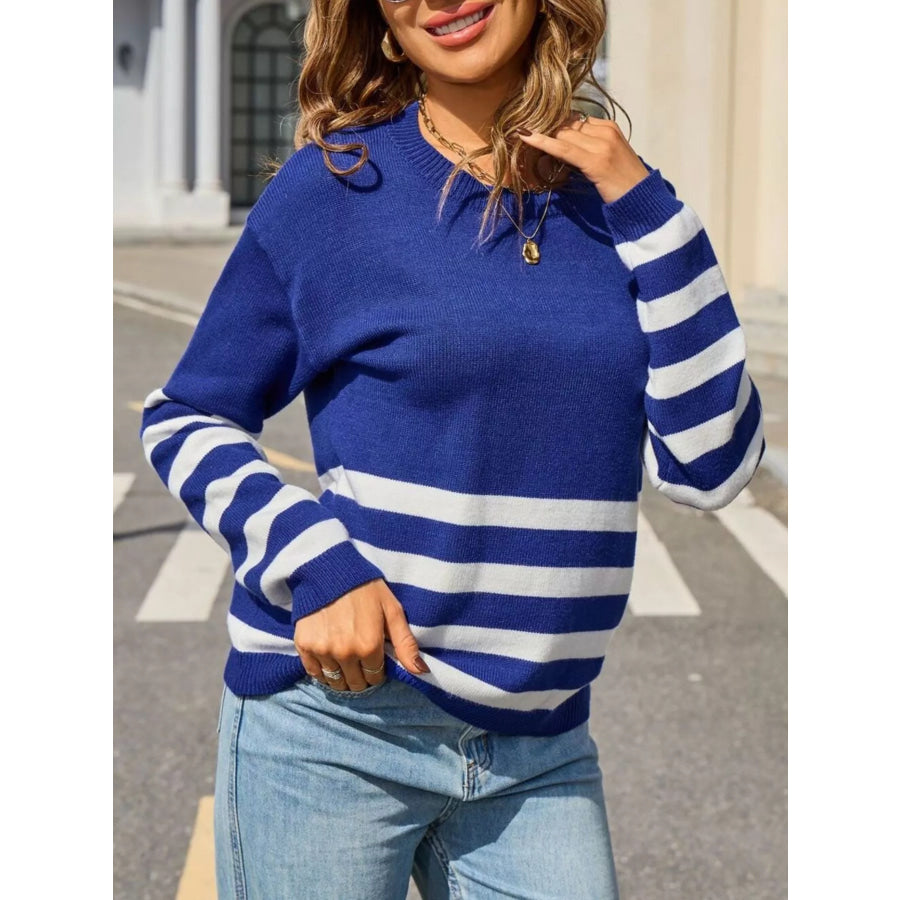 Striped Trim Crew Neck Sweater Apparel and Accessories