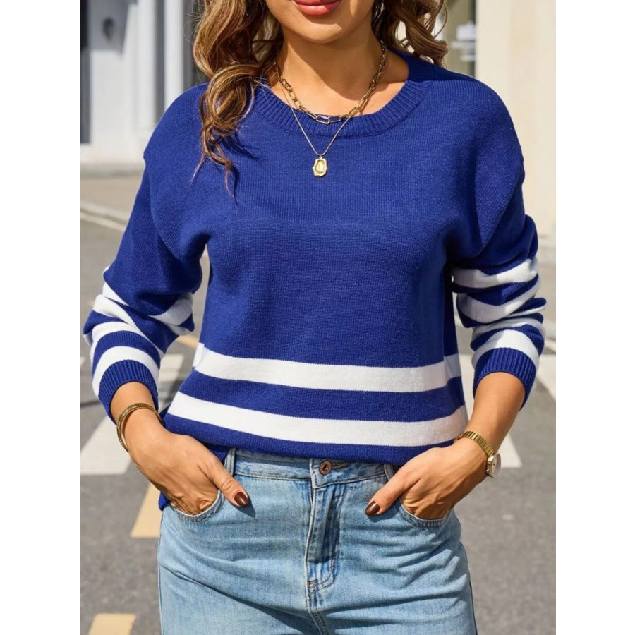 Striped Trim Crew Neck Sweater Apparel and Accessories