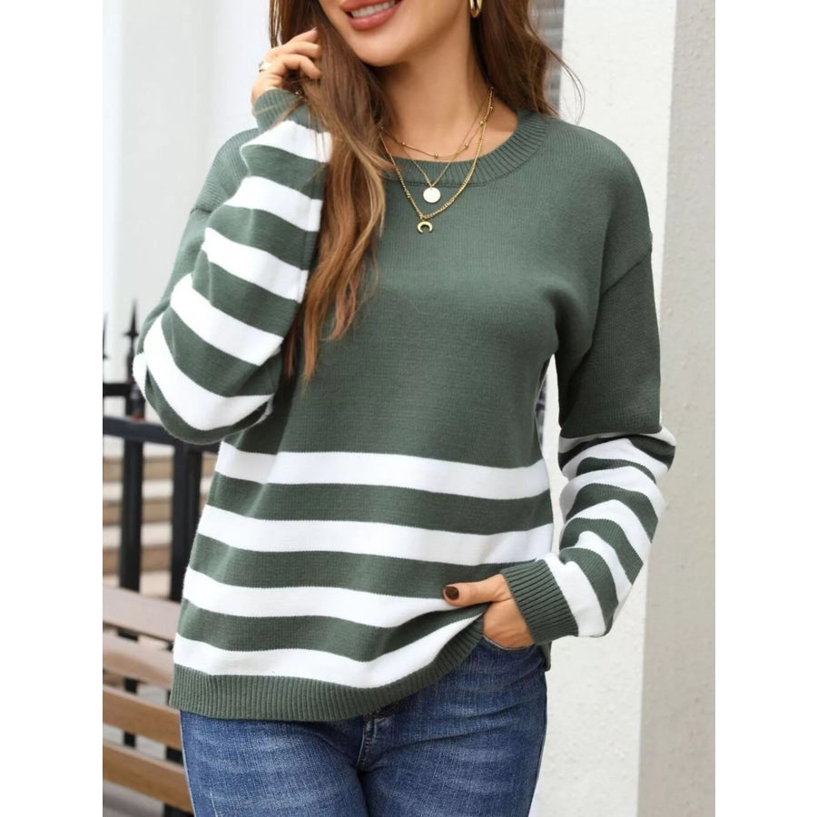 Striped Trim Crew Neck Sweater Apparel and Accessories