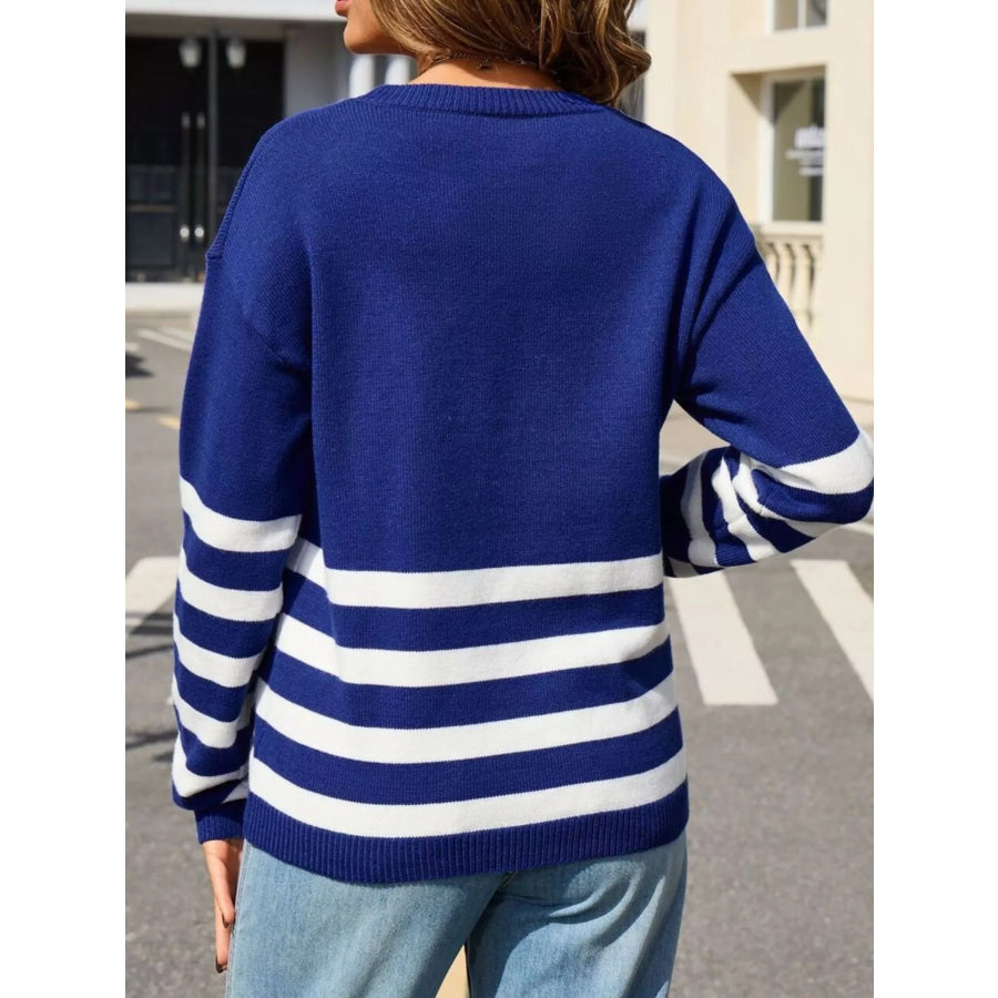 Striped Trim Crew Neck Sweater Apparel and Accessories