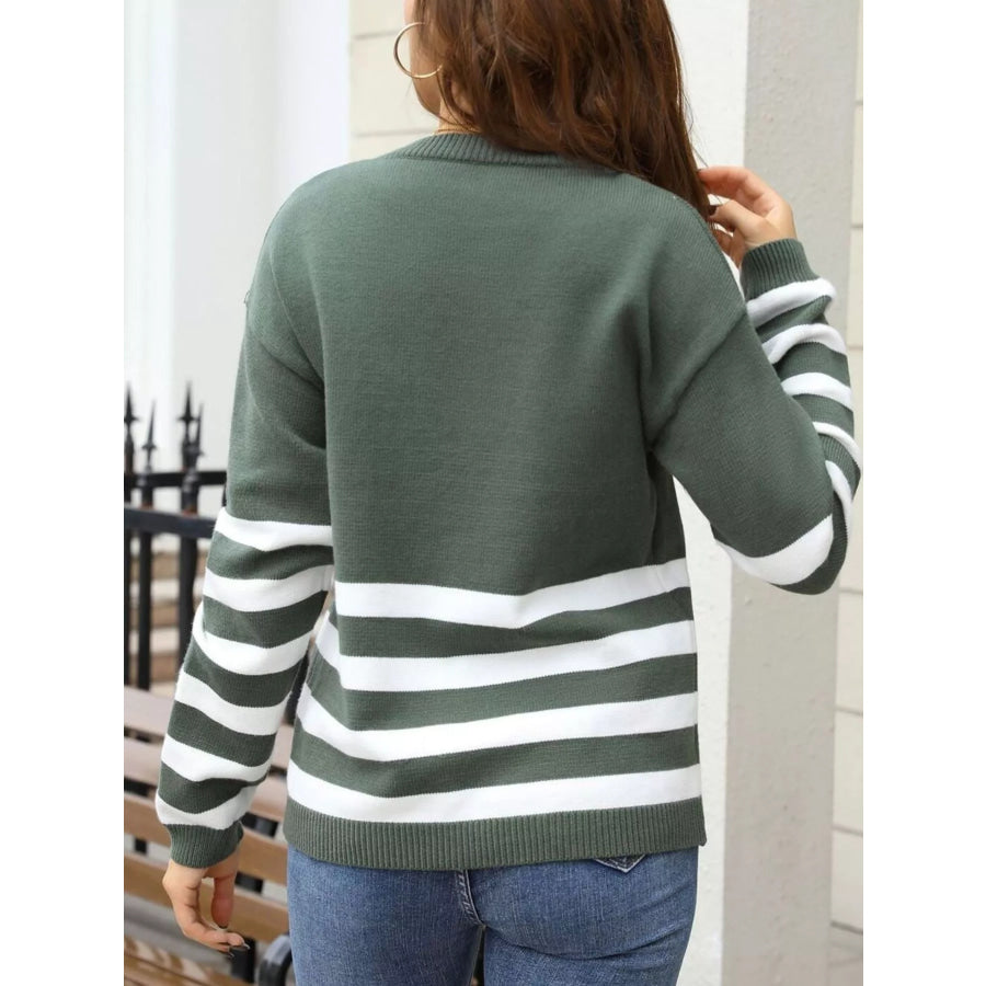 Striped Trim Crew Neck Sweater Apparel and Accessories