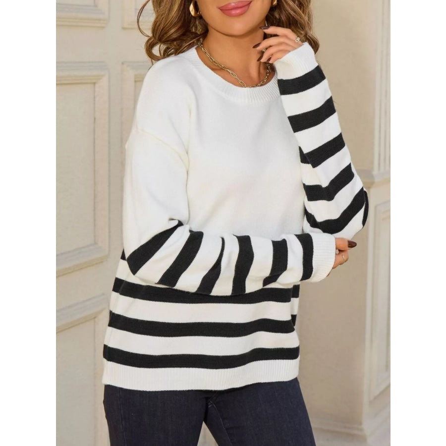 Striped Trim Crew Neck Sweater Apparel and Accessories