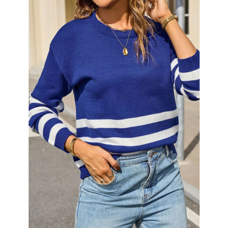 Striped Trim Crew Neck Sweater Baolan / S Apparel and Accessories