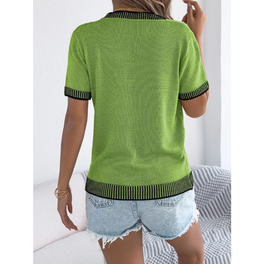 Striped Trim Knit Round Neck Sweater Apparel and Accessories