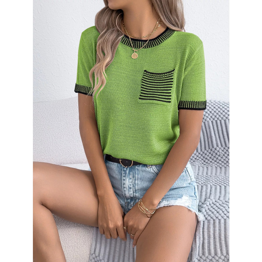 Striped Trim Knit Round Neck Sweater Apparel and Accessories