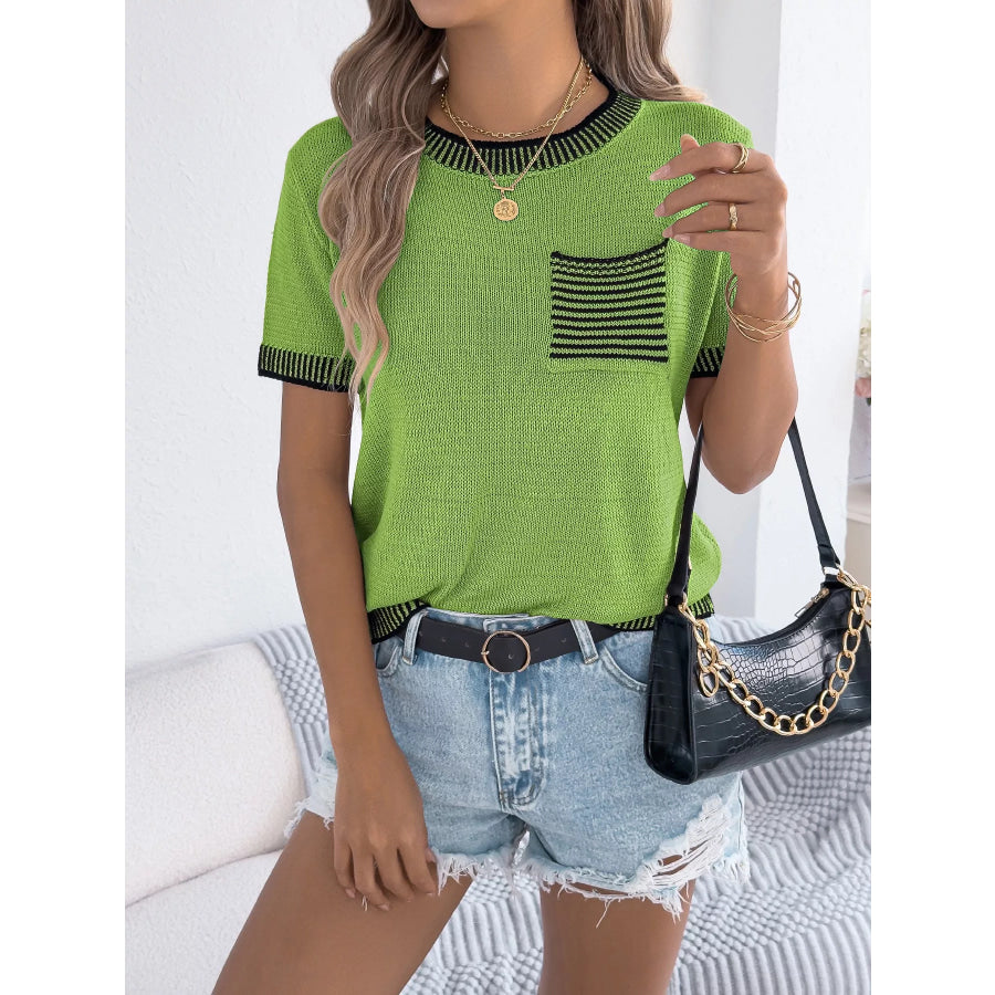 Striped Trim Knit Round Neck Sweater Apparel and Accessories