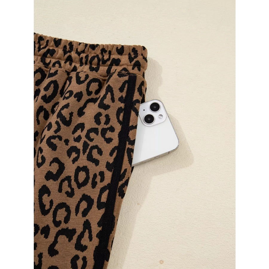 Striped Trim Leopard Long Sleeve Top Drawstring Pant Set Apparel and Accessories