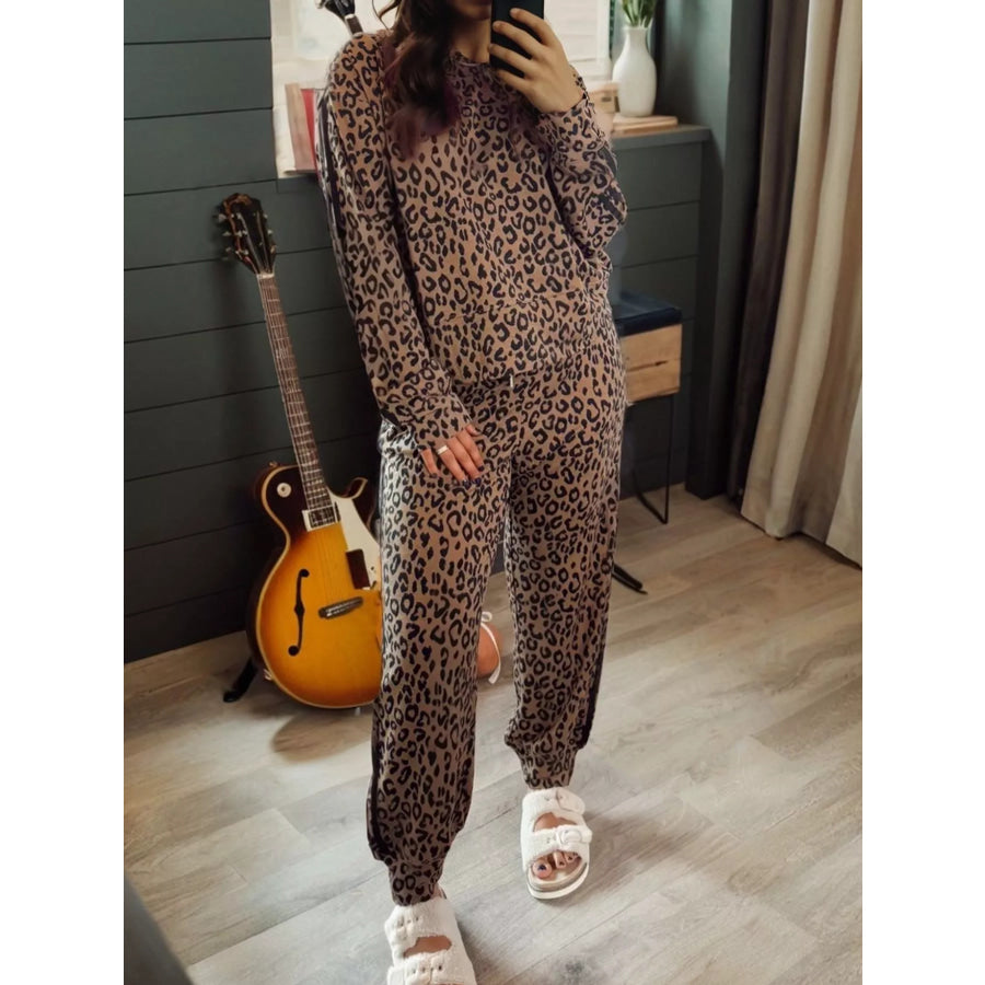 Striped Trim Leopard Long Sleeve Top Drawstring Pant Set Apparel and Accessories