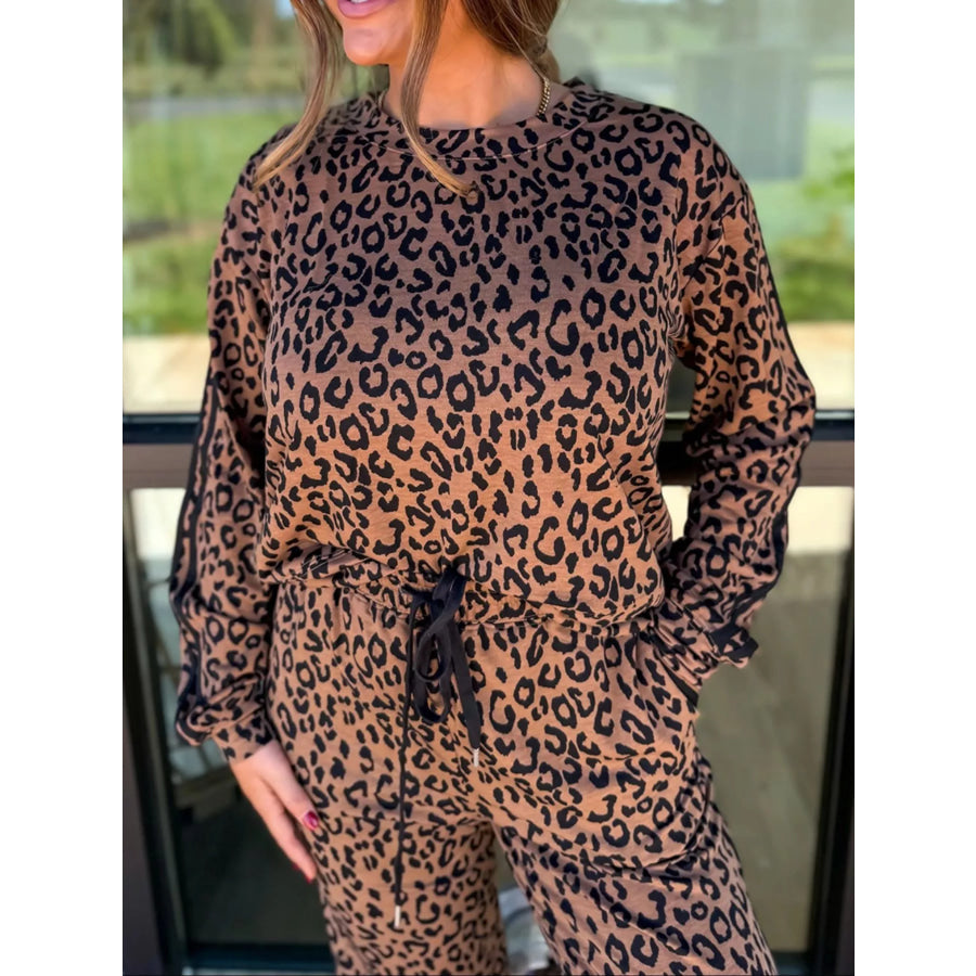 Striped Trim Leopard Long Sleeve Top Drawstring Pant Set Apparel and Accessories