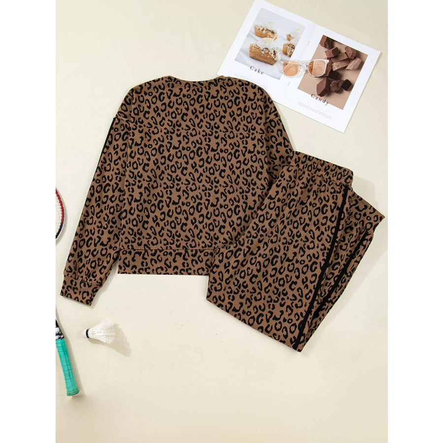 Striped Trim Leopard Long Sleeve Top Drawstring Pant Set Apparel and Accessories