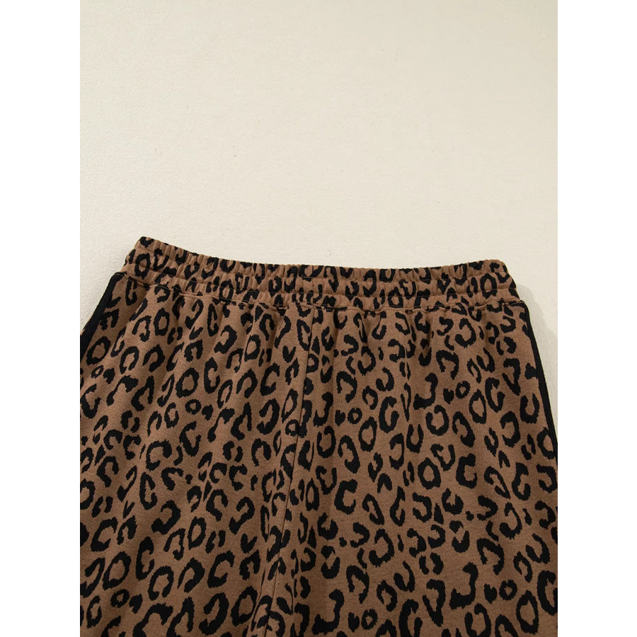 Striped Trim Leopard Long Sleeve Top Drawstring Pant Set Apparel and Accessories