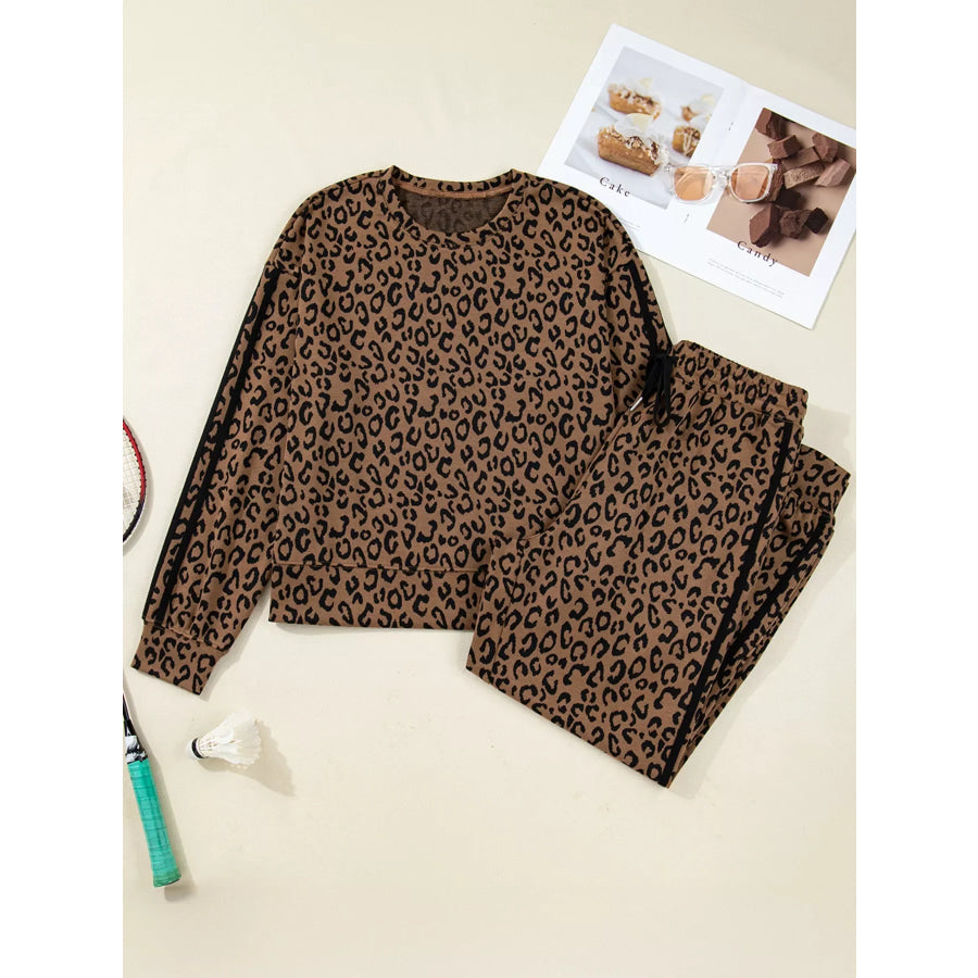Striped Trim Leopard Long Sleeve Top Drawstring Pant Set Apparel and Accessories