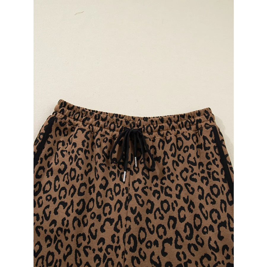 Striped Trim Leopard Long Sleeve Top Drawstring Pant Set Apparel and Accessories