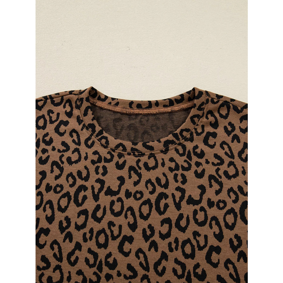 Striped Trim Leopard Long Sleeve Top Drawstring Pant Set Apparel and Accessories