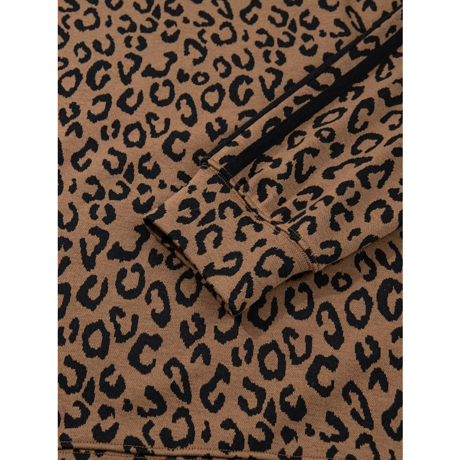 Striped Trim Leopard Long Sleeve Top Drawstring Pant Set Apparel and Accessories