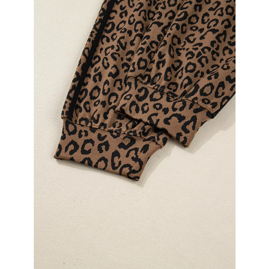 Striped Trim Leopard Long Sleeve Top Drawstring Pant Set Apparel and Accessories