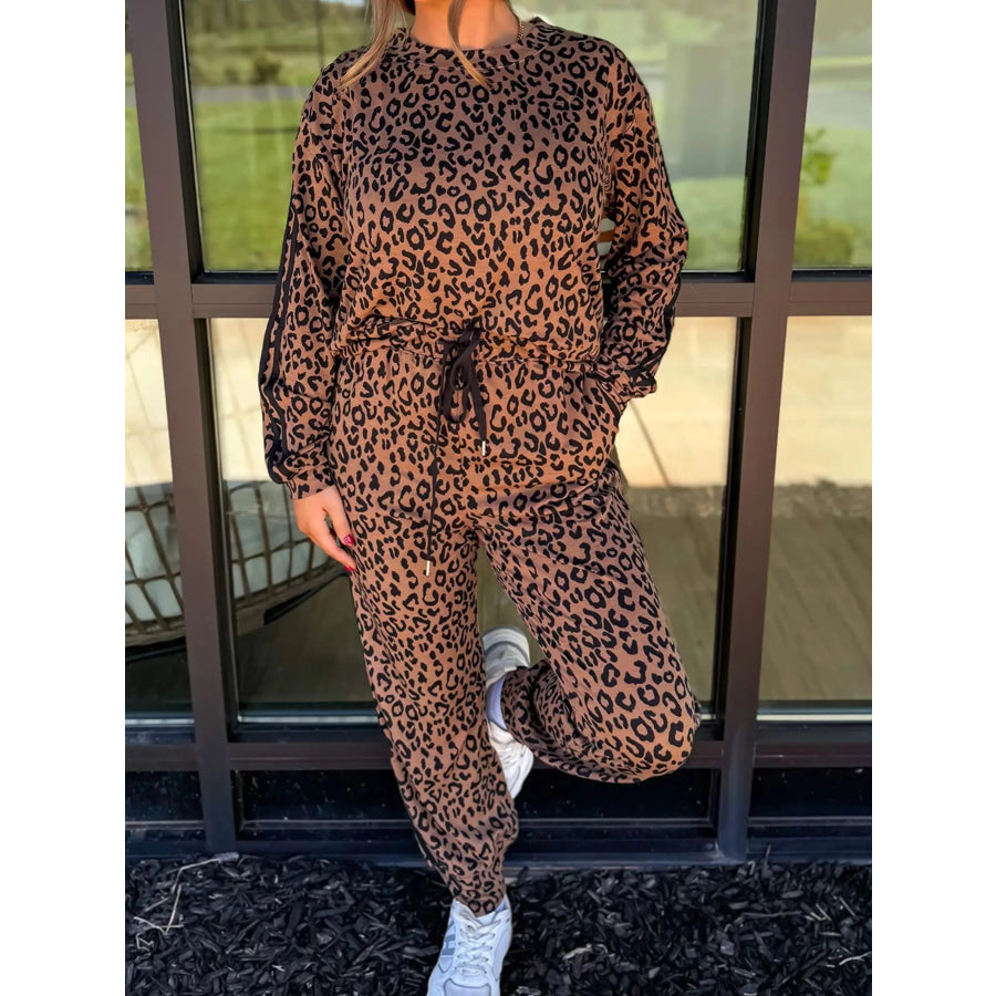 Striped Trim Leopard Long Sleeve Top Drawstring Pant Set Brown / S Apparel and Accessories