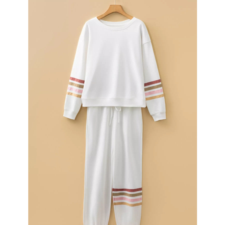 Striped Trim Round Neck Top and Pants Set Apparel and Accessories