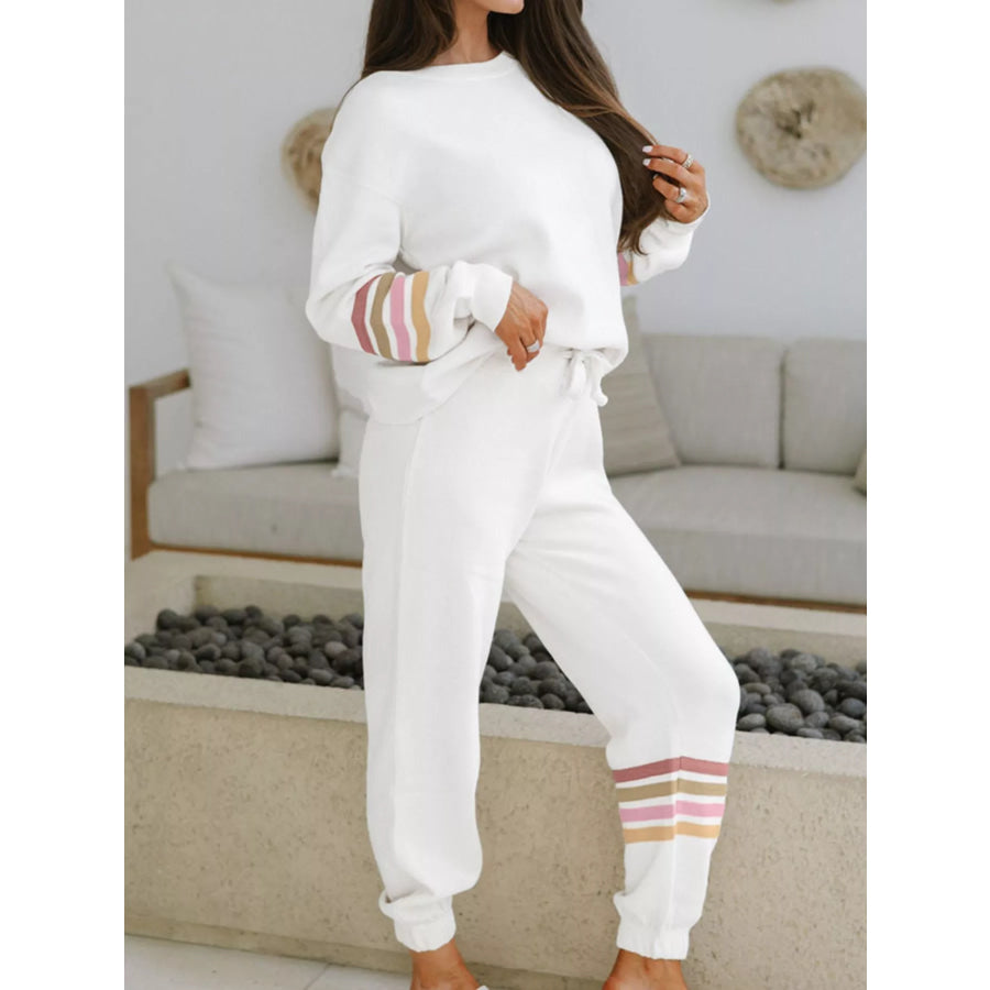 Striped Trim Round Neck Top and Pants Set Apparel and Accessories