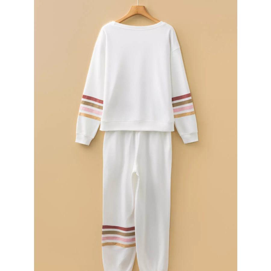 Striped Trim Round Neck Top and Pants Set Apparel and Accessories