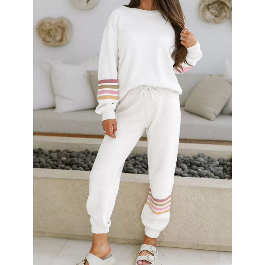Striped Trim Round Neck Top and Pants Set White / S Apparel and Accessories