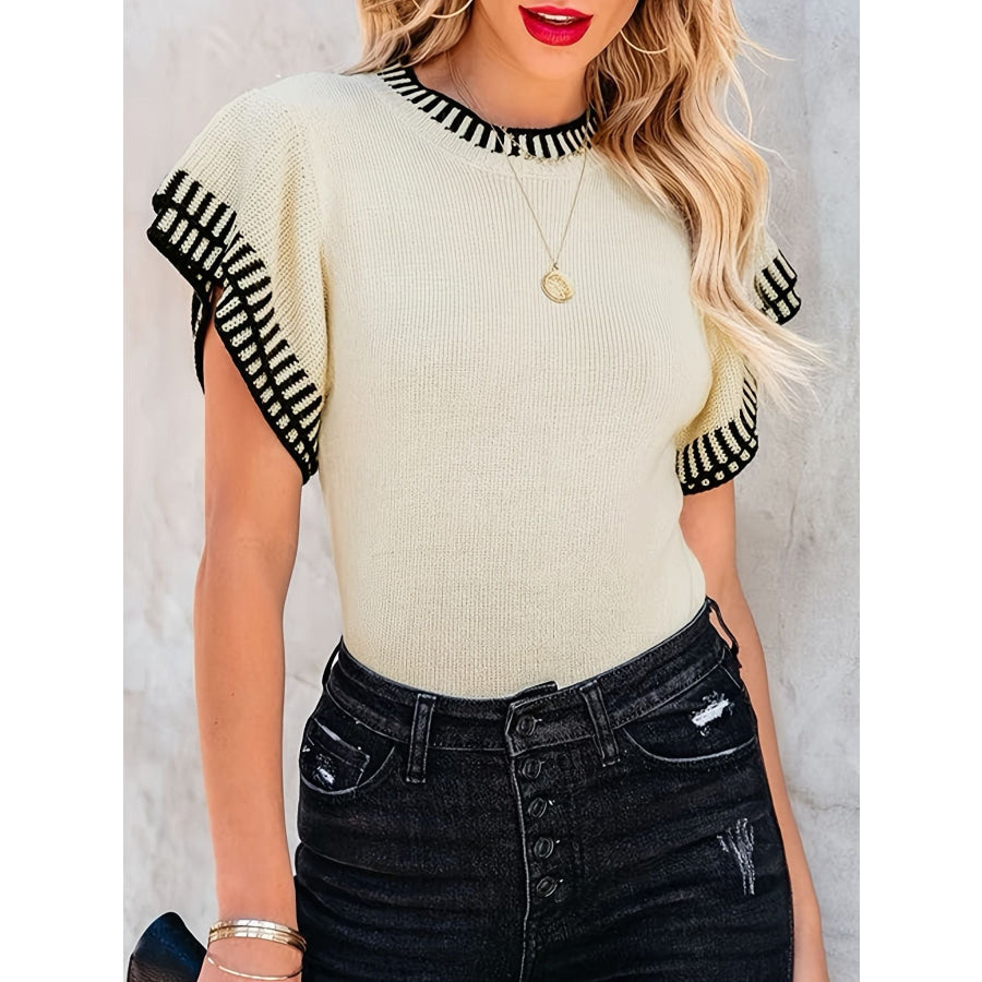 Striped Trim Ruffle Sleeve Sweater Top Apparel and Accessories
