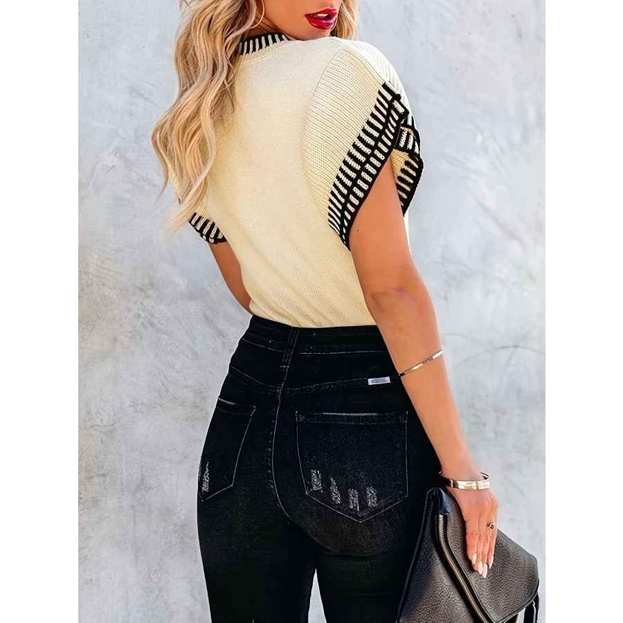 Striped Trim Ruffle Sleeve Sweater Top Apparel and Accessories
