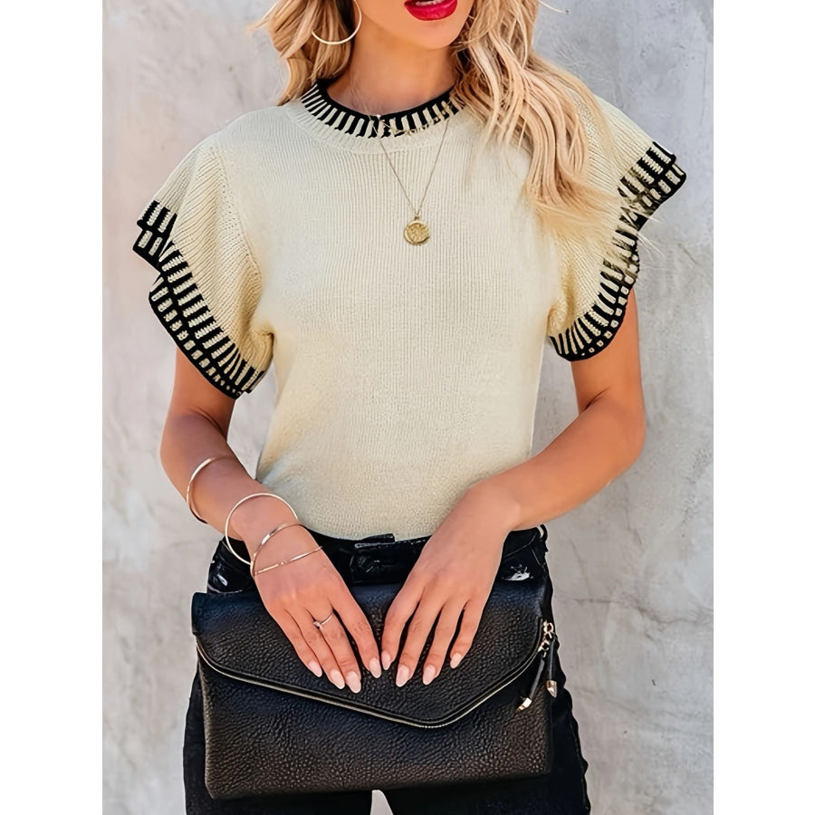 Striped Trim Ruffle Sleeve Sweater Top Tan / S Apparel and Accessories