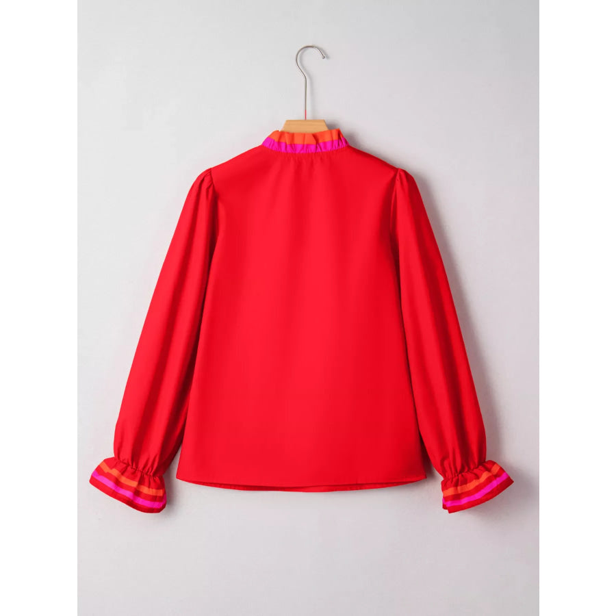 Striped Trim Ruffle Split Neck Long Sleeve Blouse Apparel and Accessories