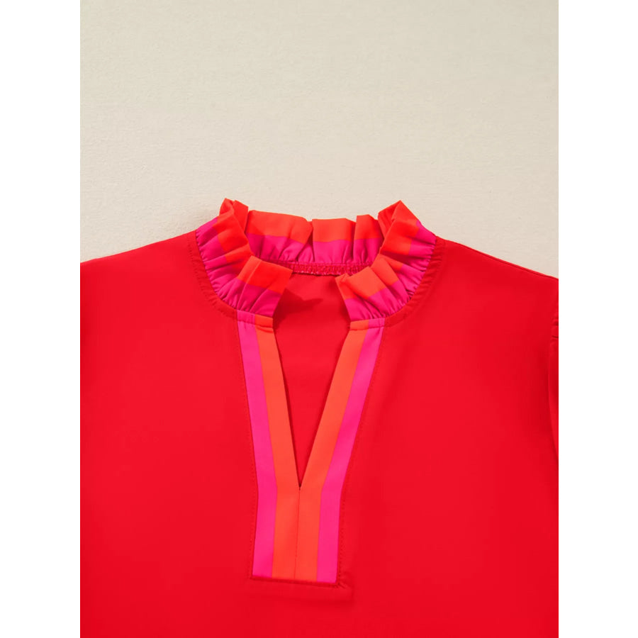 Striped Trim Ruffle Split Neck Long Sleeve Blouse Apparel and Accessories