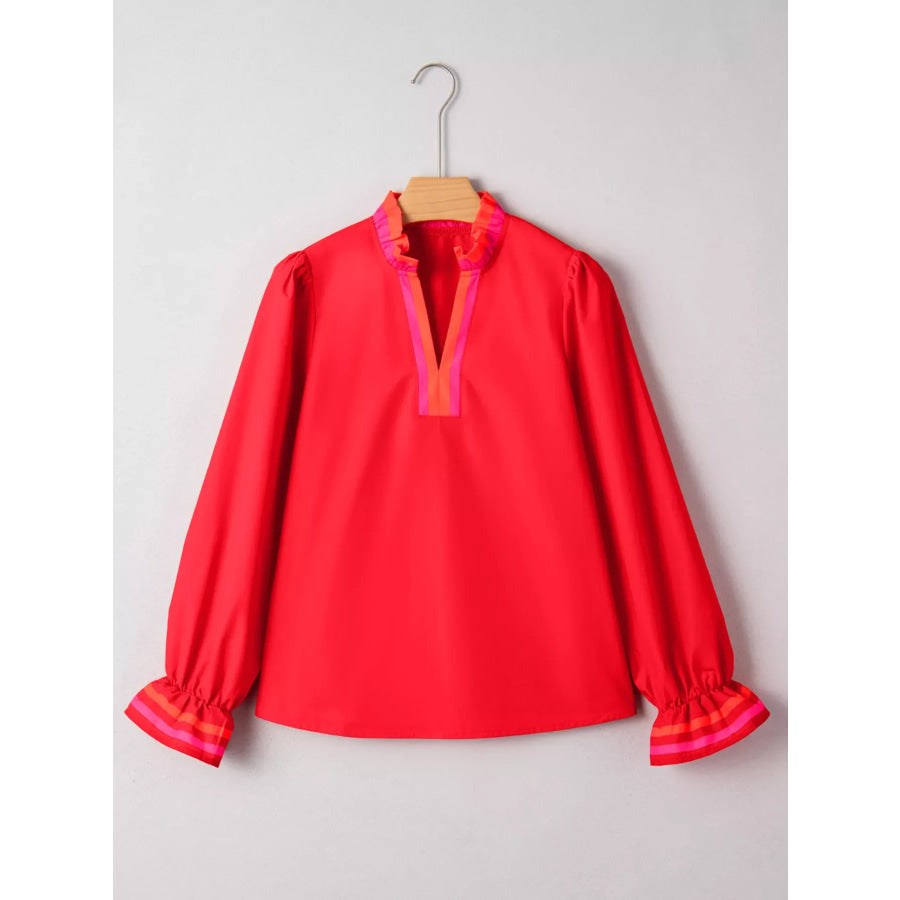 Striped Trim Ruffle Split Neck Long Sleeve Blouse Apparel and Accessories
