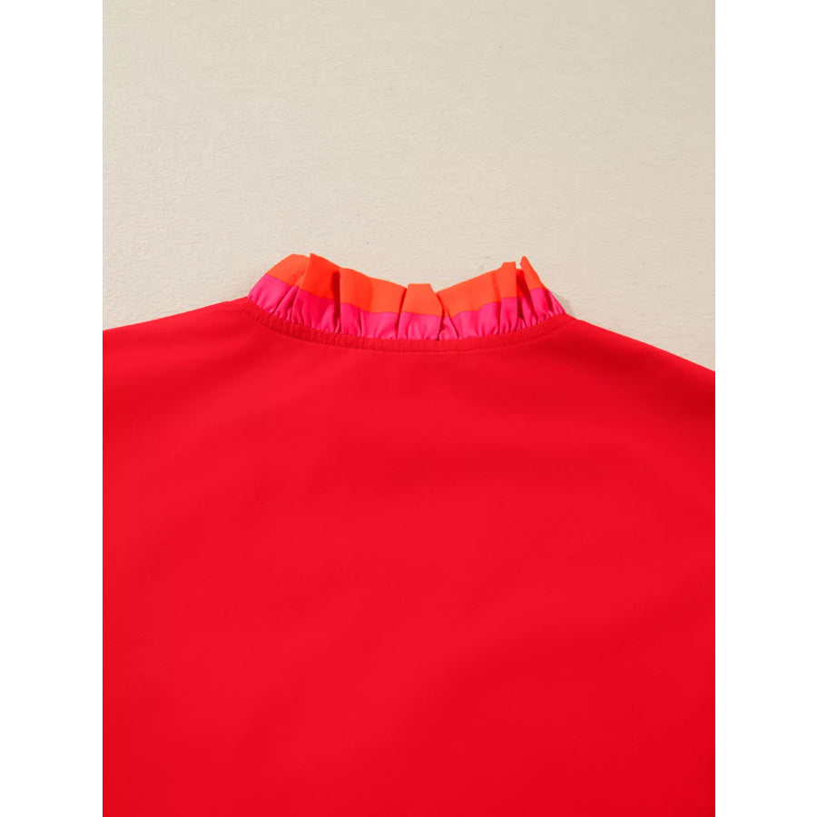 Striped Trim Ruffle Split Neck Long Sleeve Blouse Apparel and Accessories
