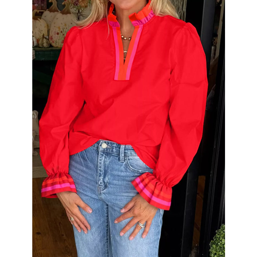 Striped Trim Ruffle Split Neck Long Sleeve Blouse Red / S Apparel and Accessories