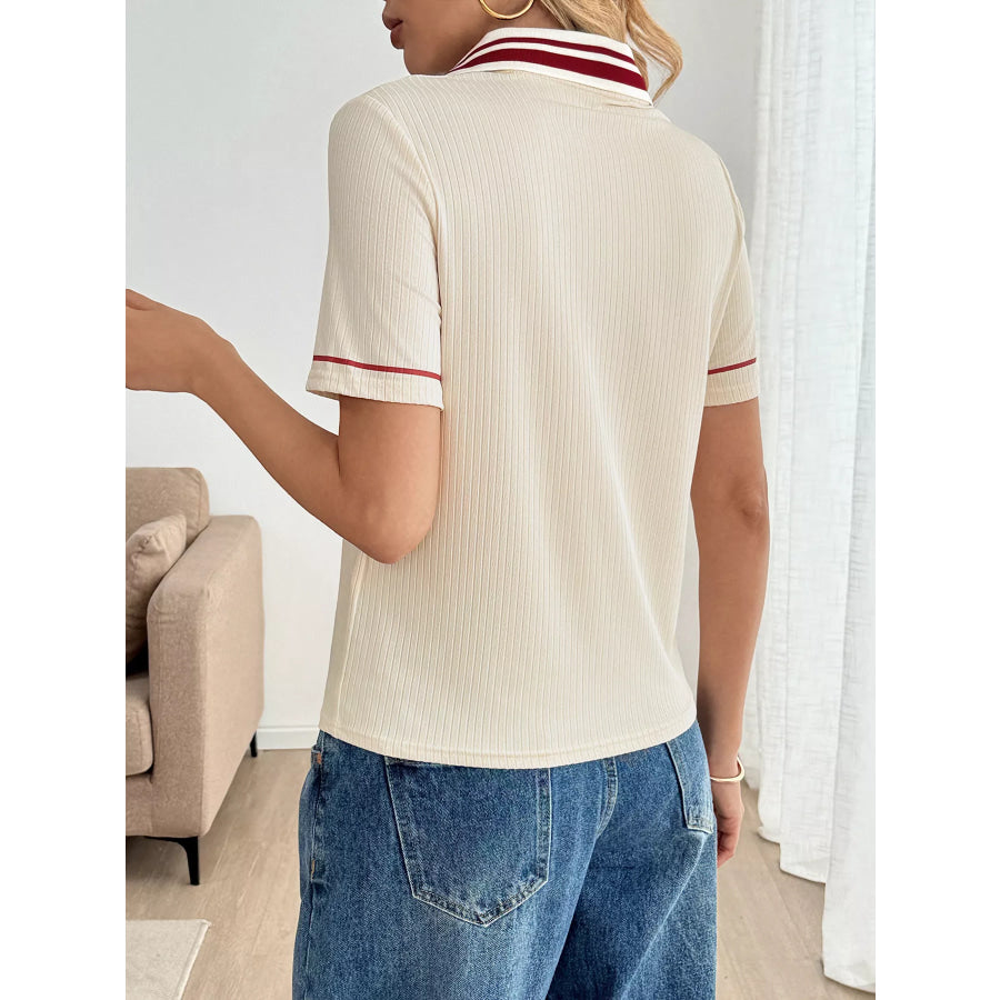 Striped Trim Short Sleeve Top Apparel and Accessories
