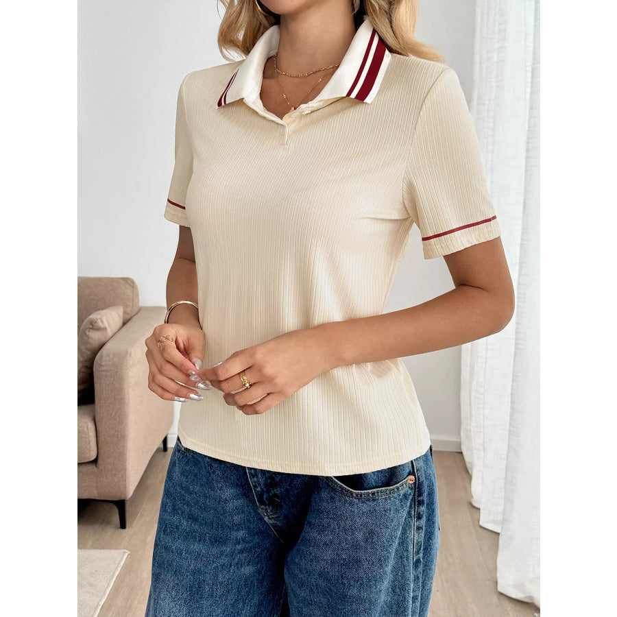 Striped Trim Short Sleeve Top Apparel and Accessories