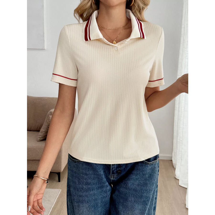 Striped Trim Short Sleeve Top Beige / S Apparel and Accessories