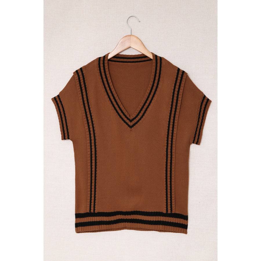 Striped Trim V-Neck Sweater Vest Apparel and Accessories