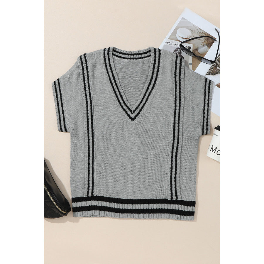 Striped Trim V-Neck Sweater Vest Apparel and Accessories