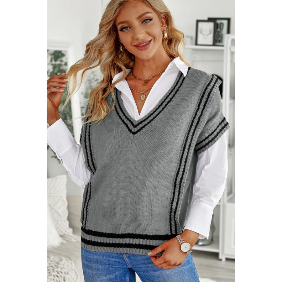 Striped Trim V-Neck Sweater Vest Apparel and Accessories