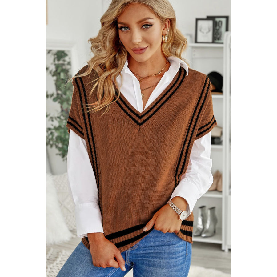 Striped Trim V-Neck Sweater Vest Brown / S Apparel and Accessories