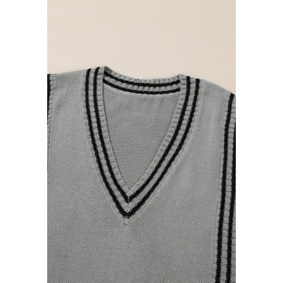 Striped Trim V-Neck Sweater Vest Apparel and Accessories