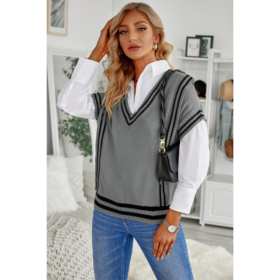 Striped Trim V-Neck Sweater Vest Apparel and Accessories