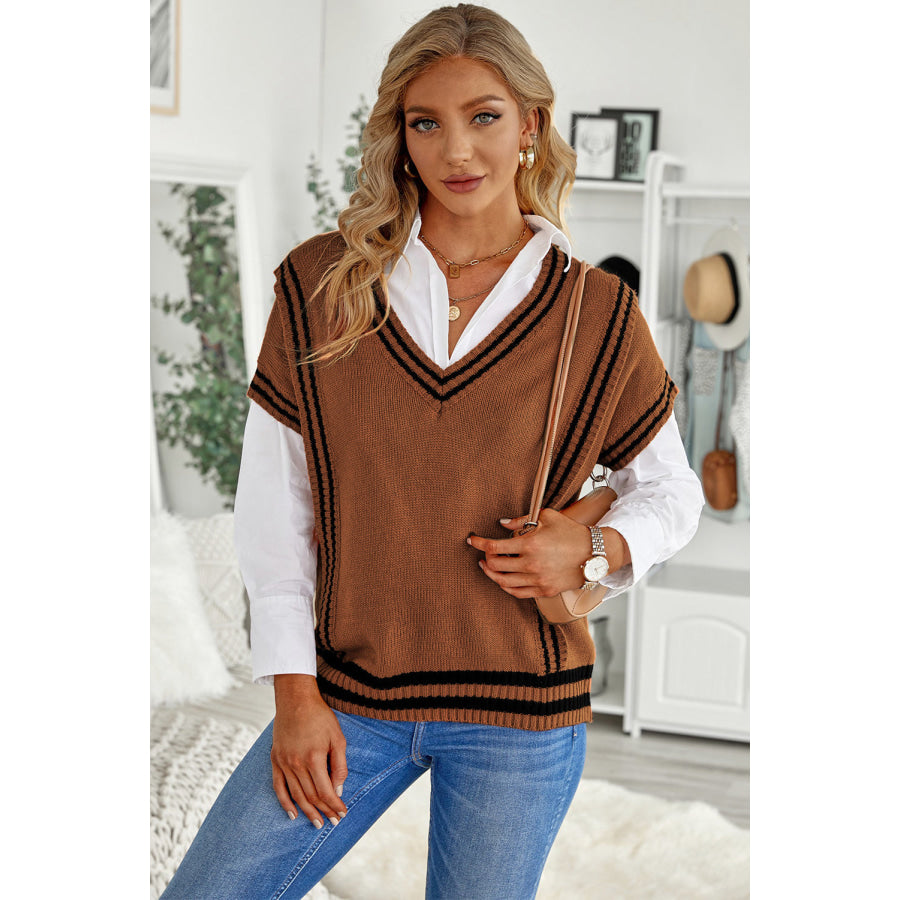 Striped Trim V-Neck Sweater Vest Apparel and Accessories