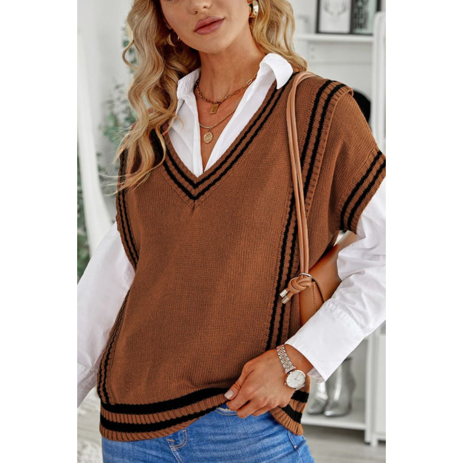 Striped Trim V-Neck Sweater Vest Brown / S Apparel and Accessories