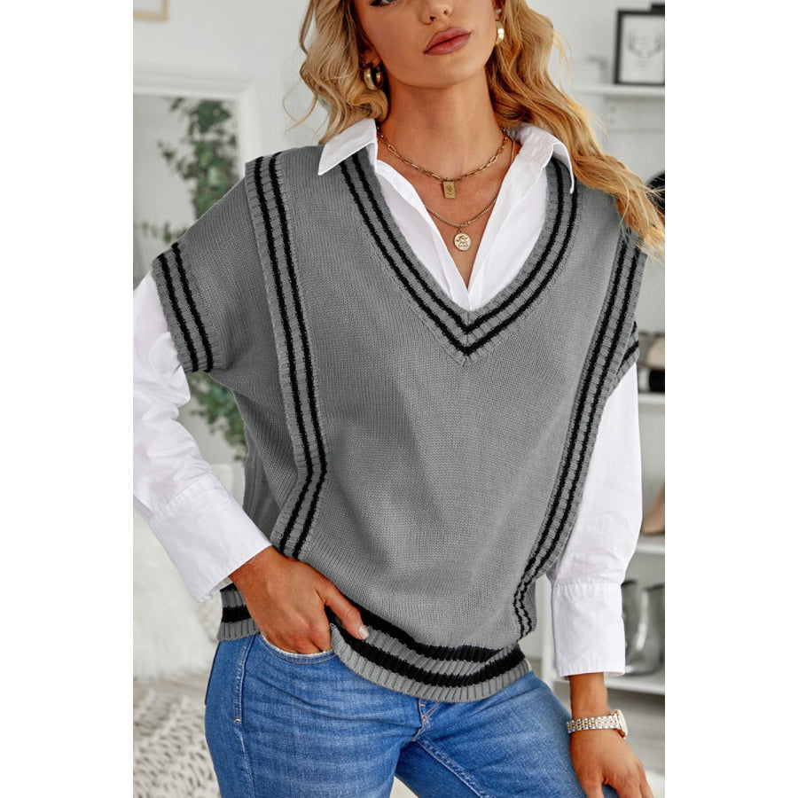 Striped Trim V-Neck Sweater Vest Gray / S Apparel and Accessories