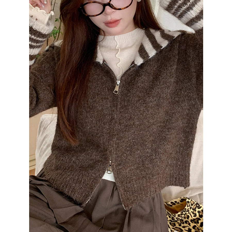 Striped Trim Zip-Up Knit Cardigan Apparel and Accessories